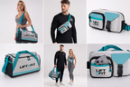A six-panel collage showing a Lift Fit gym bag and belt bag in white, gray, and teal. The panels include models wearing the bags in use, a large standalone view of the duffel bag, and a close-up of the belt bag with a phone in the front pocket.