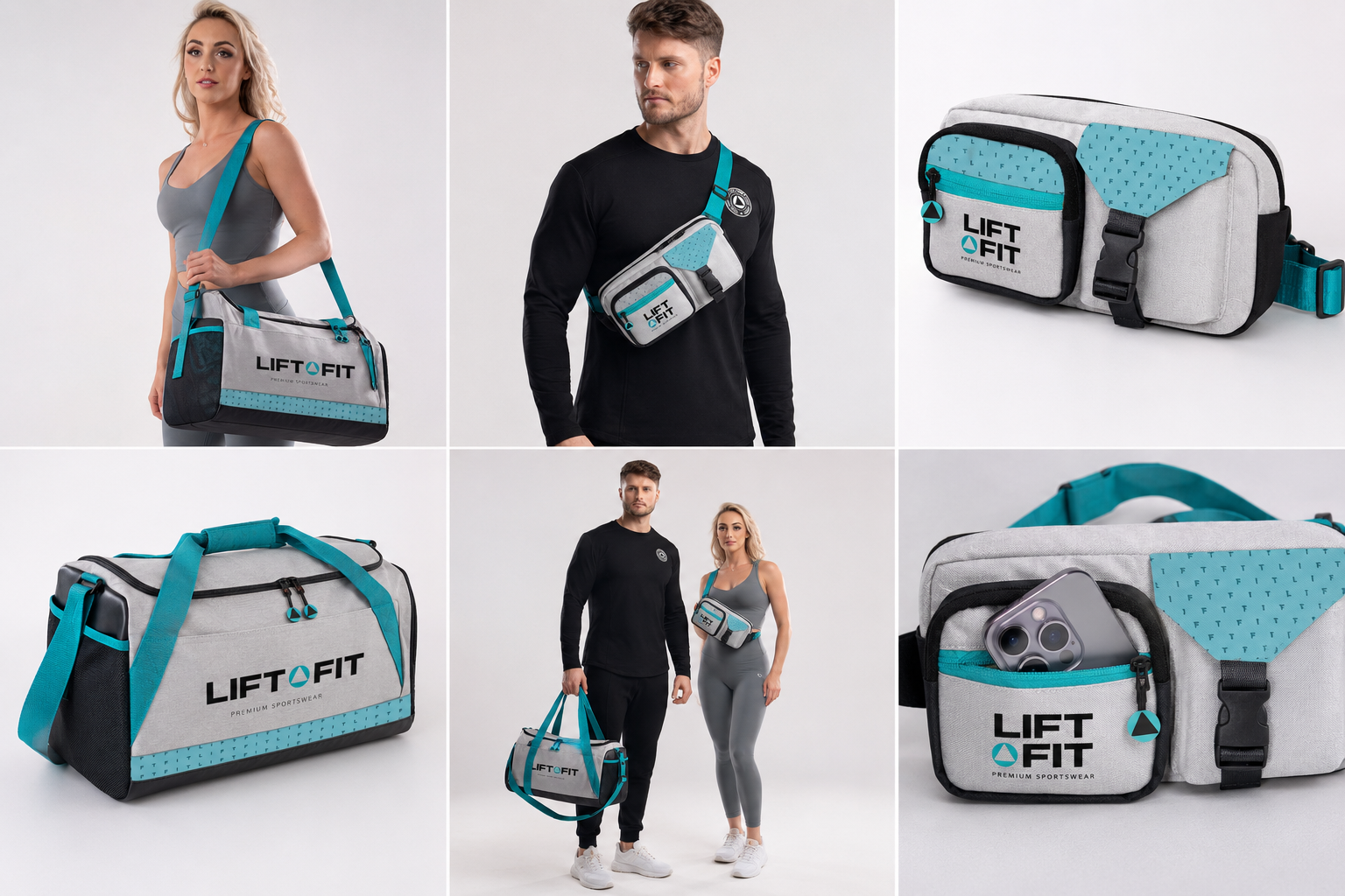 A six-panel collage showing a Lift Fit gym bag and belt bag in white, gray, and teal. The panels include models wearing the bags in use, a large standalone view of the duffel bag, and a close-up of the belt bag with a phone in the front pocket.